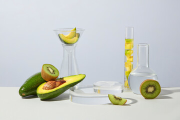 Concept laboratory tests and research with kiwis and avocados arranged with some glassware. Collection of podiums and pedestals for product presentation