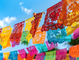 colorful kites of various shapes and sizes hang from a rope against a blue sky with white clouds, while an orange sign stands in the background