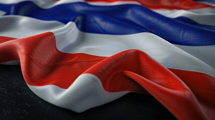 a table adorned with a variety of flags, including a white and blue flag, a blue and white flag, and a red and white flag, with a red leg visible in the