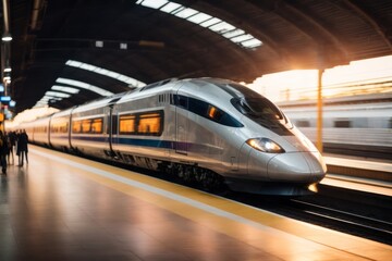 Obraz premium Modern high-speed train moving in railway station with motion blur effect