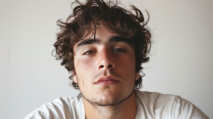 Fototapeta premium The face of a young man with curly hair facing the camera against a plain background.