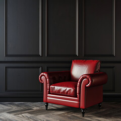 Living room interior mockup in black tones, featuring a red leather armchair against a dark wall background