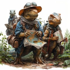 Fototapeta premium a group of people with dinosaurs and a map