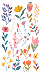 Collection of colorful floral elements in flat color. Set of spring and summer wild flowers, plants, branches, leaves and herb.