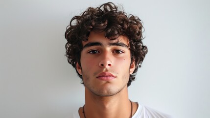 The face of a young man with curly hair facing the camera against a plain background.