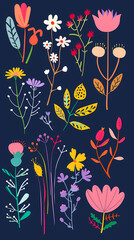 Obraz premium Collection of colorful floral elements in flat color. Set of spring and summer wild flowers, plants, branches, leaves and herb.