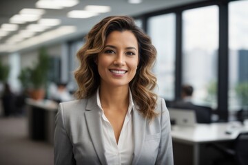Cheerful professional businesswoman or office employee in company office