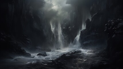 A dramatic waterfall plunging into a dark and mysterious abyss, with a few eerie mist swirls.
