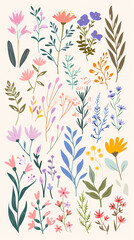 Collection of colorful floral elements in flat color. Set of spring and summer wild flowers, plants, branches, leaves and herb.