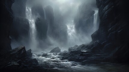 A dramatic waterfall plunging into a dark and mysterious abyss, with a few eerie mist swirls.