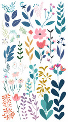Fototapeta premium Collection of colorful floral elements in flat color. Set of spring and summer wild flowers, plants, branches, leaves and herb.