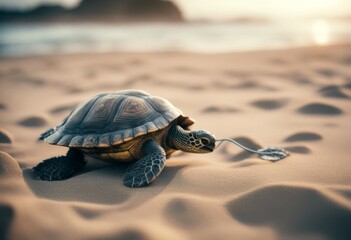 large adphones turtle artificial concept beach generated aring vacation intelligence earphones listen music sand rest palm tree sea animal nature relax ocean green reef