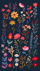 Collection of colorful floral elements in flat color. Set of spring and summer wild flowers, plants, branches, leaves and herb.