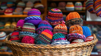 A basket filled with vibrant handknitted hats and gloves symbolizing the sense of accomplishment and pride that comes with creating soing with your own hands.