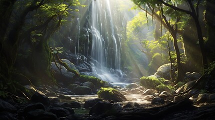 A secluded waterfall hidden behind a curtain of foliage, with a few sunbeams filtering through.