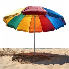 a colorful umbrella on a sandy beach with a blue ocean in the background