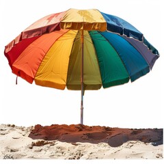 a colorful umbrella on a sandy beach with sand