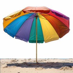a colorful umbrella on the beach on a sunny day