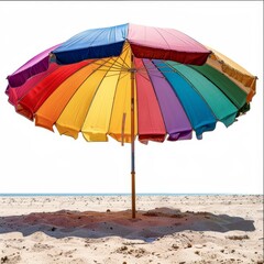a colorful umbrella on a sandy beach near the ocean