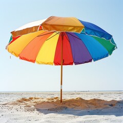 a colorful umbrella on a sandy beach with a blue sky in the background
