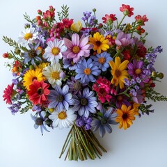 a bouquet of colorful flowers on a white surface