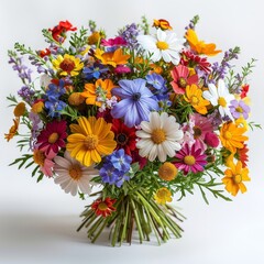 a bouquet of colorful flowers in a vase on a white background