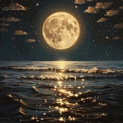 a full moon over the ocean with waves and stars