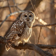 An owl is sitting on a tree branch