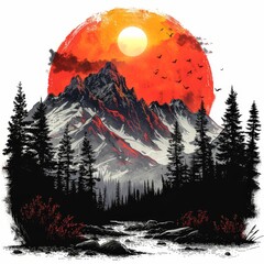 a mountain scene with a sunset and birds flying over it