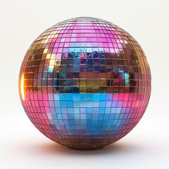 a shiny disco ball with a reflection of a building in the background