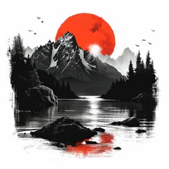 a mountain landscape with a red sun and a body of water