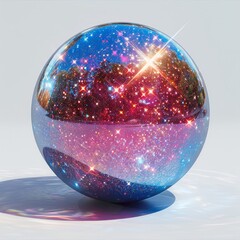 a shiny glass ball with a star filled sky inside