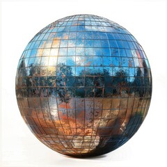 a shiny globe with a reflection of trees in the background
