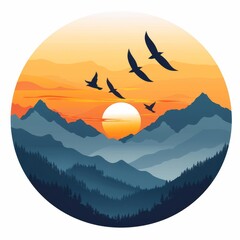a sunset with birds flying over a mountain range