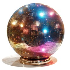 a disco ball with a mirror surface and a city in the background