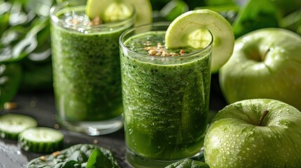 Fototapeta premium A refreshing smoothie of spinach, apples, cucumbers and walnuts against a clean white background. Generative AI