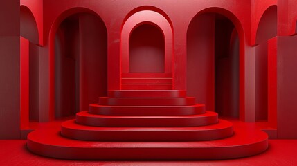 a red room with a set of stairs and arches