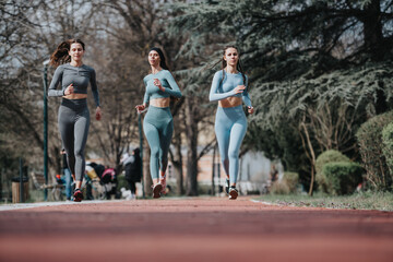 A dynamic photo of three female friends jogging together in a park, wearing sporty outfits and...