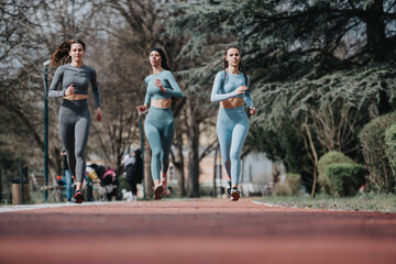 Fototapeta premium A dynamic photo of three female friends jogging together in a park, wearing sporty outfits and embodying a healthy lifestyle.