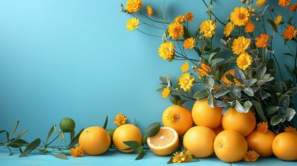 a bunch of oranges and flowers on a blue table