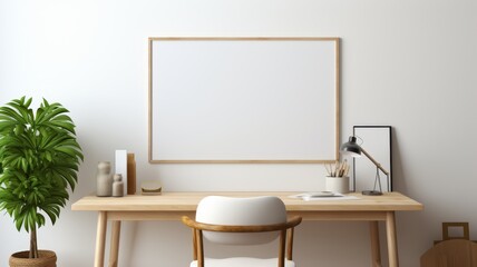 Modern office desk with blank poster on clipboard, minimalist decor, bright light