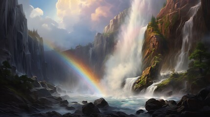 A thundering waterfall tumbling over a rocky ledge, with a rainbow arcing across the spray.