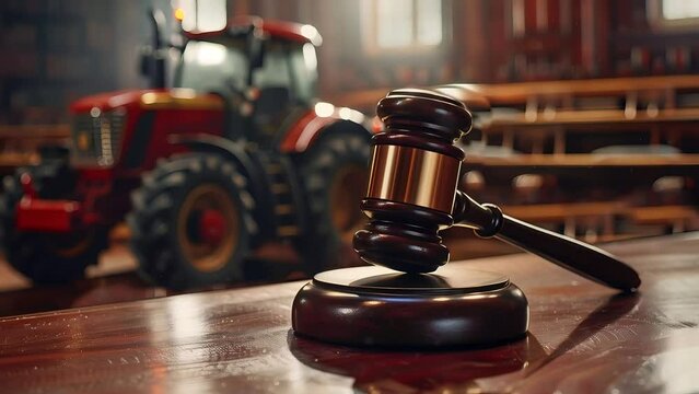 Concept of farm law and justice, tractor with gavel on table in courtroom