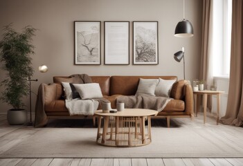 room plants decor interior staging frame maps rattan commode japandi accessories retro poster brown mock with living template stylish design scandinavian elegant home modern carpet