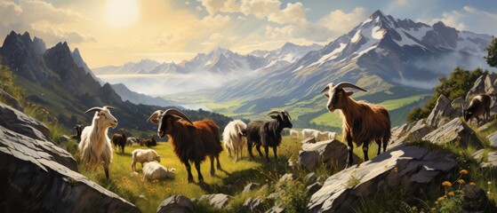 Goats climbing rocky terrain on a rural farm, with mountains in the background