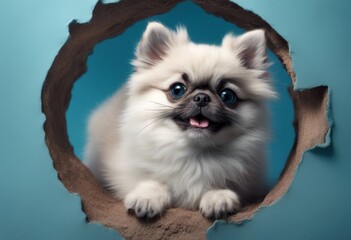 beautiful cat colored hole pomeranian with out blue background kitten smiling eyes fluffy lovely dogs pug puppy climbs trendy funny gray spitz background big