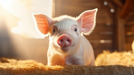 Close-up of a pig's snout, barn background, warm light, copy space,