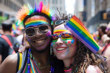 Two individuals with rainbow face paint and pride accessories sharing a joyful moment at a pride parade with a lively crowd in the background 