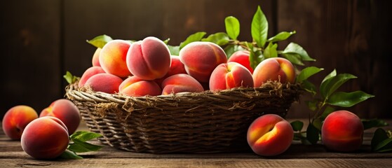 Freshly picked peaches in a rustic basket, farm background, vibrant colors, copy space,