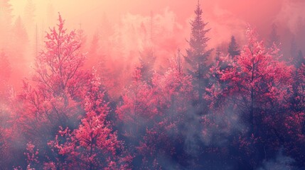 a forest with pink trees and fog in the background